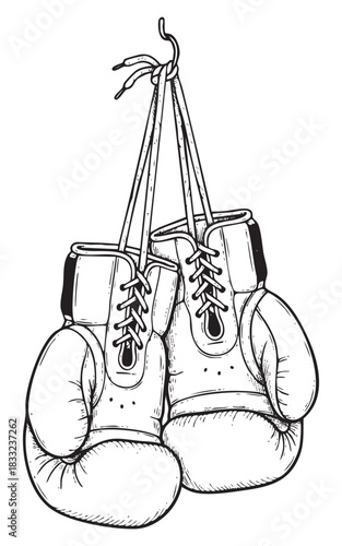 hand drawn vector of a pair of boxing gloves hanging on the wall on an isolated white background