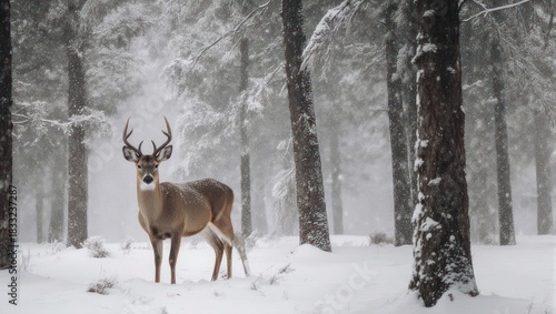 Majestic Deer Stands Tall in Snowy Winter Forest Scene.