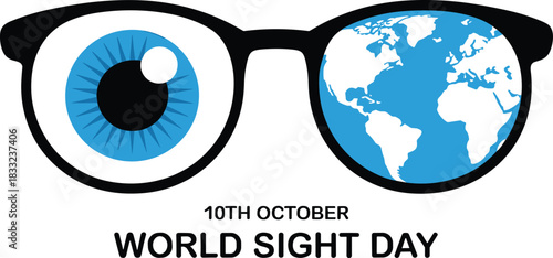 World Sight Day design, vision awareness poster, eye health graphic, globe in glasses illustration, optometry artwork, international eye care campaign image