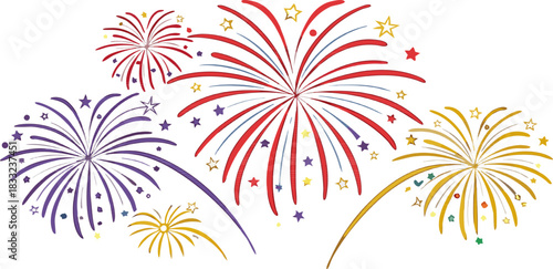 Vector illustration of vibrant fireworks bursting in colorful displays, isolated on a transparent background.