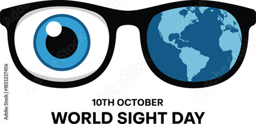 World Sight Day design, vision awareness poster, eye health graphic, globe in glasses illustration, optometry artwork, international eye care campaign image