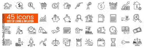 Modern collection of vector line icons depicting the rising cost of living and inflation, showcasing financial burdens, economic challenges, and money management for personal finance planning