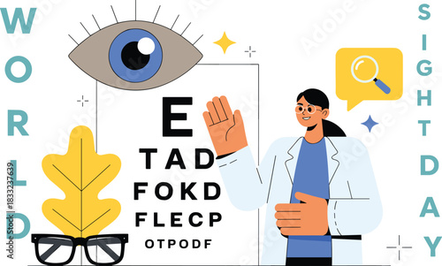 World Sight Day eye care illustration with optometrist, eye chart, glasses, vision test, healthcare awareness design for medical campaigns promotion