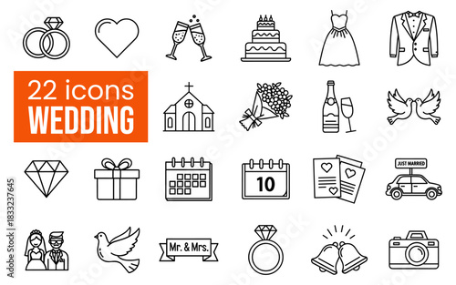 A versatile set of elegant black and white line art icons depicting essential wedding symbols suitable for graphic design and celebratory event branding
