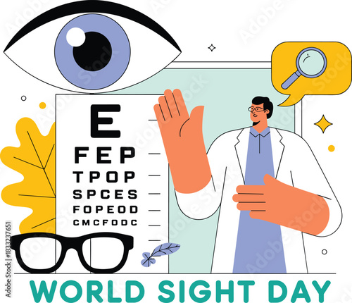 World Sight Day eye care illustration with optometrist, eye chart, glasses, vision test, healthcare awareness design for medical campaigns promotion
