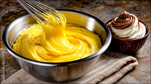 Yellow cake batter in metal bowl with whisk and chocolate frosting cup