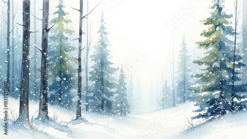 Watercolor painting of a snowy forest path with tall pine trees isolated on white background