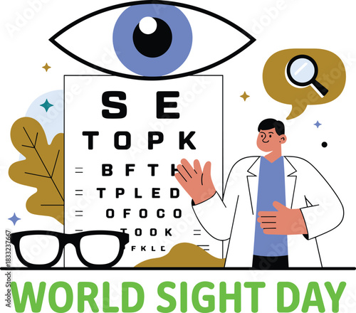World Sight Day eye care illustration with optometrist, eye chart, glasses, vision test, healthcare awareness design for medical campaigns promotion