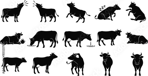 Collection of black cow silhouettes in various poses on white background
