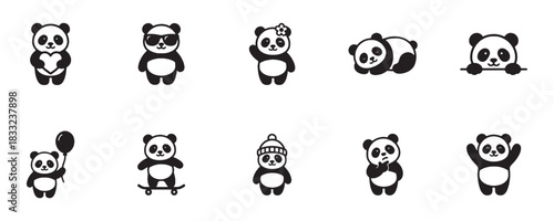 Cute Panda Icon Set. Vector collection of funny cartoon bear silhouettes in various poses