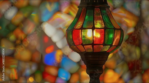A glowing stained-glass lamp casts warm, colorful light against a vibrant, blurred mosaic background, creating a magical, bokeh-filled ambiance.