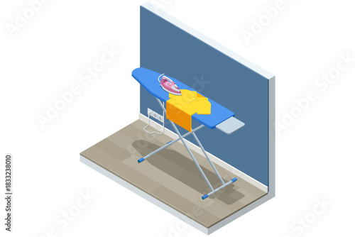 Isometric illustration of an ironing board with a bright shirt and electric iron placed in a small home corner. Household routine and clean clothing care.