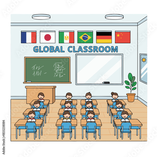 Global Classroom Interior With International Flags And Students At Desks In Flat Style