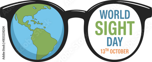 World Sight Day illustration with eyeglasses, globe reflection, vision awareness design, eye health campaign graphic, global eyesight protection concept for October event