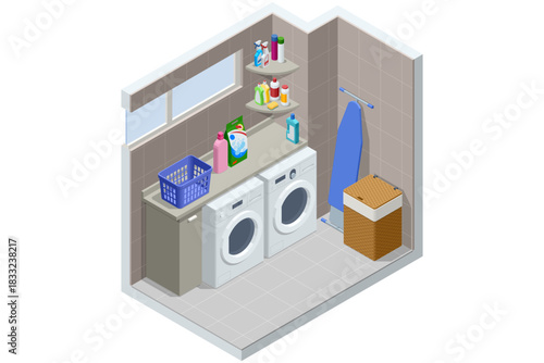 Isometric laundry room with washer, dryer, shelves, detergents, ironing board, and laundry basket. Clean organized household utility space illustration.