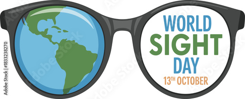 World Sight Day illustration with eyeglasses, globe reflection, vision awareness design, eye health campaign graphic, global eyesight protection concept for October event
