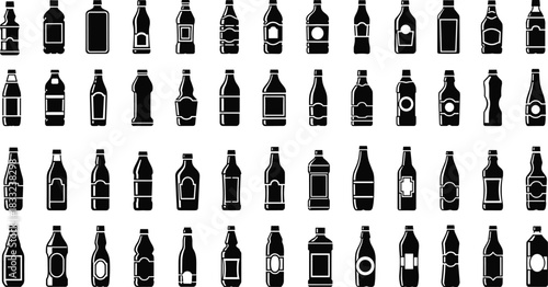 Collection of black silhouette plastic and glass bottles in various shapes for packaging, branding, product design and beverage industry use