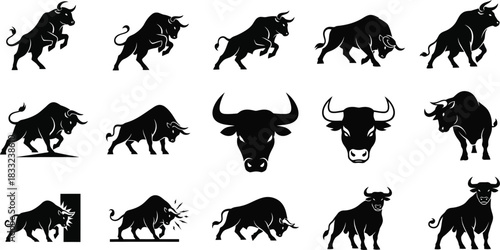 Collection of black bull silhouettes in various poses and headshots