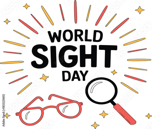 World Sight Day illustration with eyeglasses, magnifying glass, vision awareness design, colorful decorative elements promoting eye health and global eyesight care
