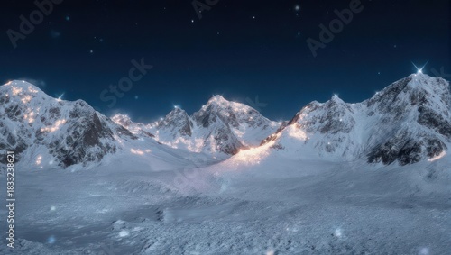 Majestic Snowy Mountains Under a Starry Night Sky.