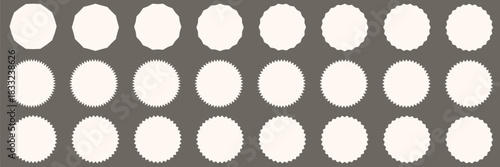 Set of circles with zigzag edges. Circle shapes & star shapes offer price tag, rounded starburst zigzag badge, discount and sale label stickers, circle sticker, wavy edge. 