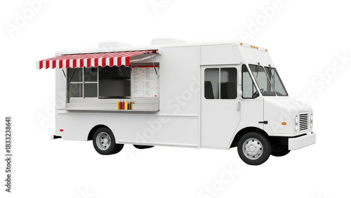 Fototapeta Naklejka Na Ścianę i Meble -  White food truck with red and white awning isolated on transparent background