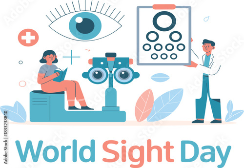 World Sight Day illustration, eye care awareness, optometry checkup, vision test chart, ophthalmology concept, medical eye examination, health education graphic design