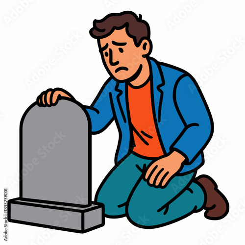 Man kneeling by tombstone 