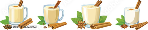 Traditional coquito beverage illustration featuring cinnamon sticks nutmeg spice and holiday drink cultural festive presentation