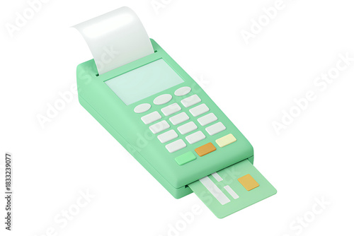 Green POS terminal debit card and receipt 3D cartoon illustration payment transaction finance retail digital design, PNG with transparent background
