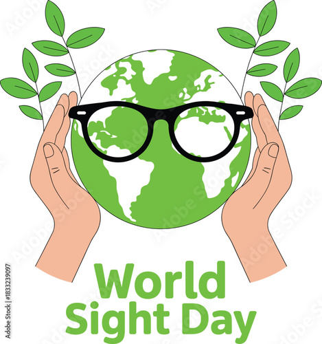 World Sight Day illustration, globe wearing glasses, eye health awareness, vision care concept, hands holding Earth, global eyesight protection design