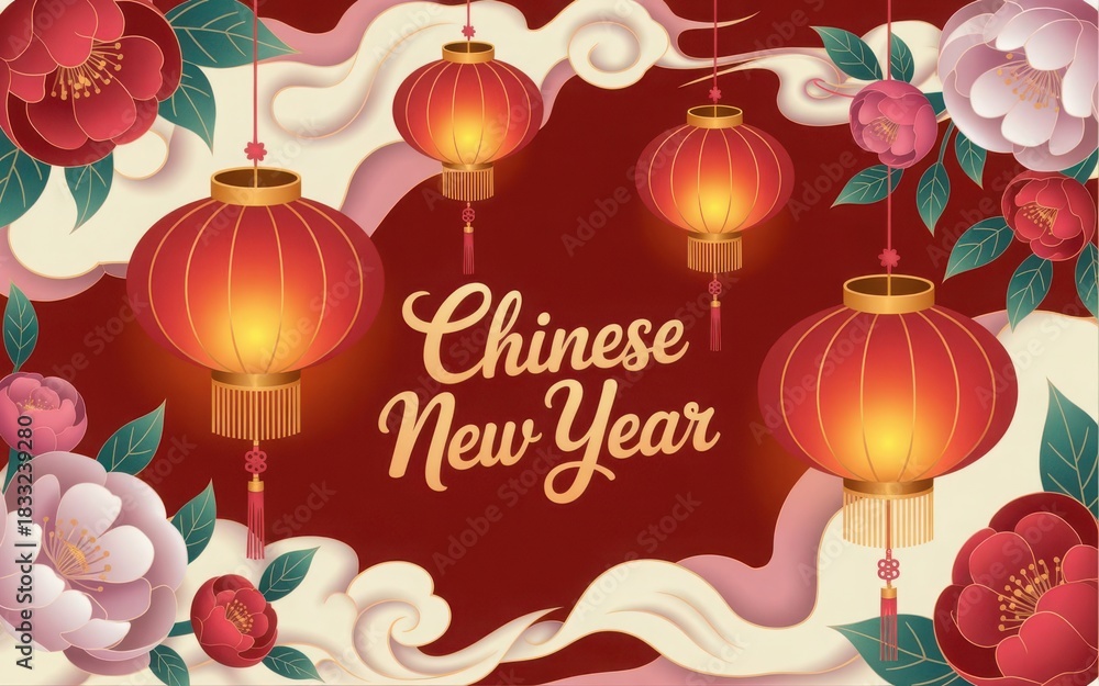Naklejka premium Chinese New Year Lanterns and Peony Flowers red lanterns