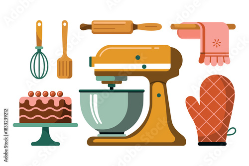 A flat vector illustration of baking tools and a cake on a white background design