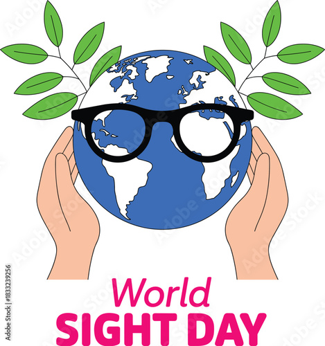 World Sight Day illustration, globe wearing glasses, eye health awareness, vision care concept, hands holding Earth, global eyesight protection design