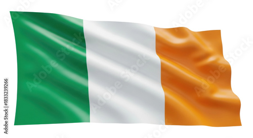 Green, white, and orange vertical tricolor national flag with a silky satin texture waving gracefully with realistic folds and soft highlights