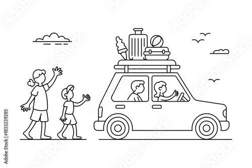 Line drawing of family in car with luggage waving goodbye to people on the side road