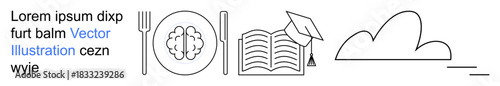 Education, knowledge, mental growth, academic research, continuous learning, self-development. Brain on a plate, book with graduation cap and a cloud. Education and knowledge as core ideas