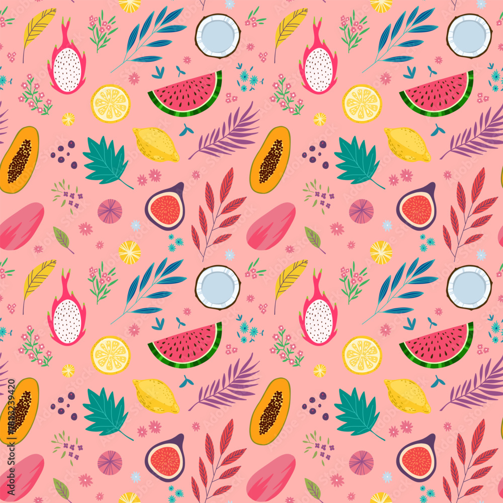 Naklejka premium Summer and spring tropical seamless pattern with tropical fruits, flowers and plants. Textile pattern with healthy food, vector illustration