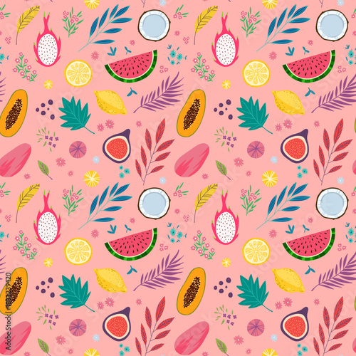 Summer and spring tropical seamless pattern with tropical fruits, flowers and plants. Textile pattern with healthy food, vector illustration