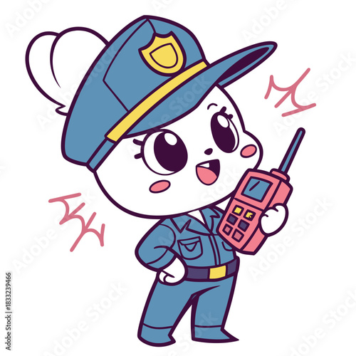 Cute Cartoon Police Officer with Walkie-Talkie – Adorable Kawaii Law Enforcement Character Illustration