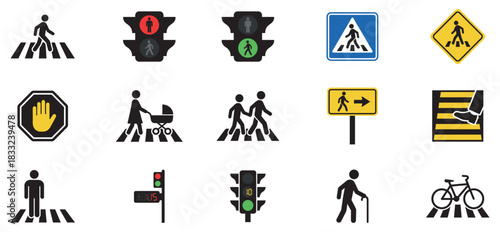 Pedestrian crossing sign. Road crossing symbol. Zebra cross icon. Vector Illustration.	

