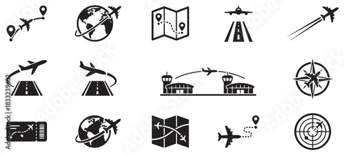 Airport buildings and airplane icons collection black silhouette shape vector. Vector Illustration. EPS 10