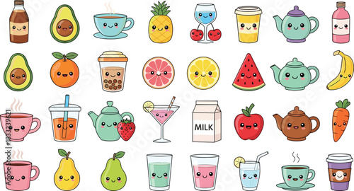 Cute kawaii fruits drinks and teapots illustration set with adorable faces including coffee juice milk tea and healthy food cartoon icons