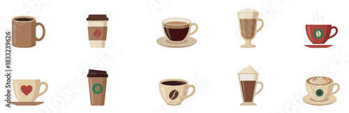 Coffee cup icon set. Cups of coffee tea collection. Hot drink icon. Disposable cup. Cup coffe with steam. Flat style. Vector Illustration. Vector Graphic. EPS 10