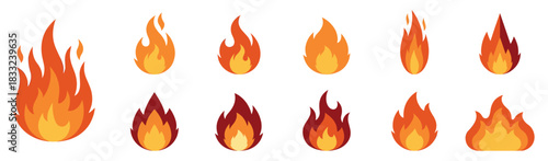 Set of fire icons. Flame design of different shapes. Bonfire images. Vector Illustration. EPS 10
