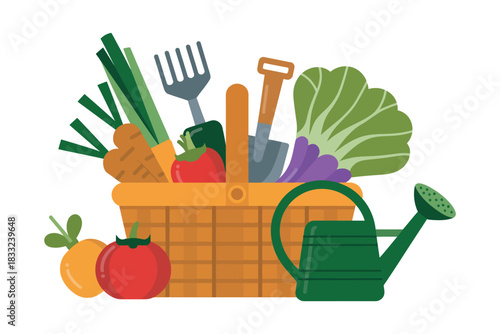Illustration of a basket filled with vegetables and gardening tools next to a watering can
