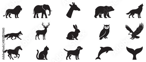 Animals silhouettes including bears, deer, foxes, wolves, owls, lion, cat, horse, dog, eagle, rabbit, elephant, giraffe, dolphin and whale. Vector Illustration. EPS 10