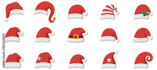 Christmas hat. Christmas hat set. Christmas decoration. Santa hat. Vector Illustration. EPS 10