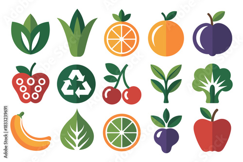 Flat design illustration of various fruits vegetables and recycle sign