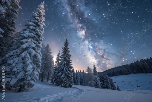 Dramatic wintry scene with snowy trees and milky way in night sky. 